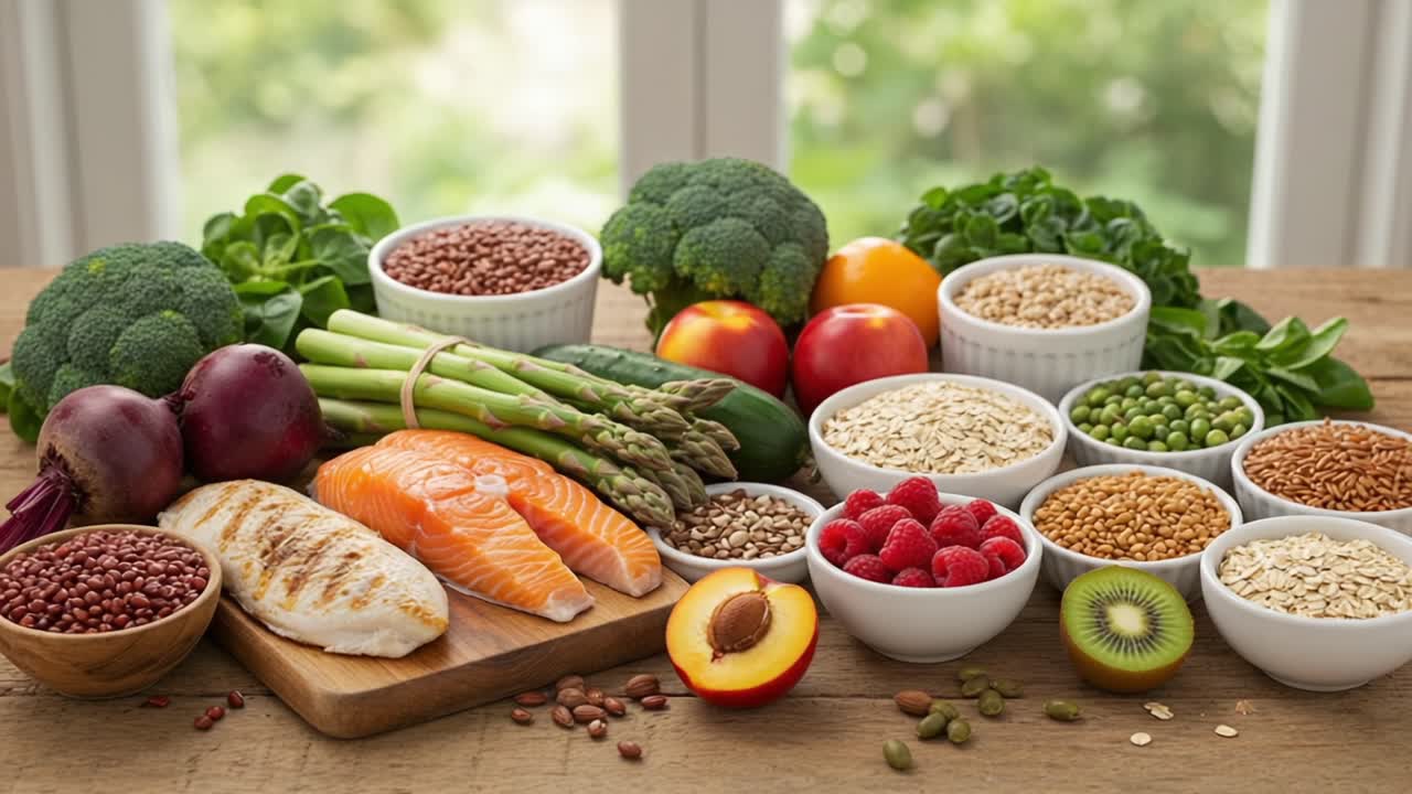 A Colorful Array of Fresh Foods Showcasing the Benefits of Healthy Eating with Fish, Vegetables, Fruits, and Whole Grains for a Nutritious Lifestyle