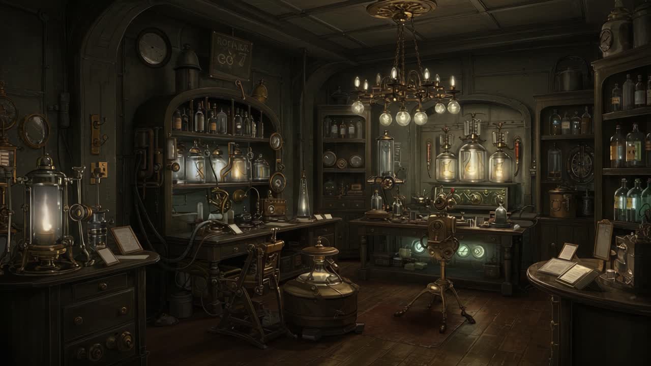 An Enchanted Alchemical Laboratory Filled with Vintage Apparatus, Glass Bottles, and Antique Instruments Under Warm Lighting