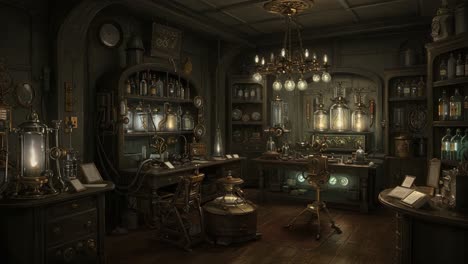 an enchanted alchemical laboratory filled with vintage apparatus, glass bottles, and antique instruments under warm lighting