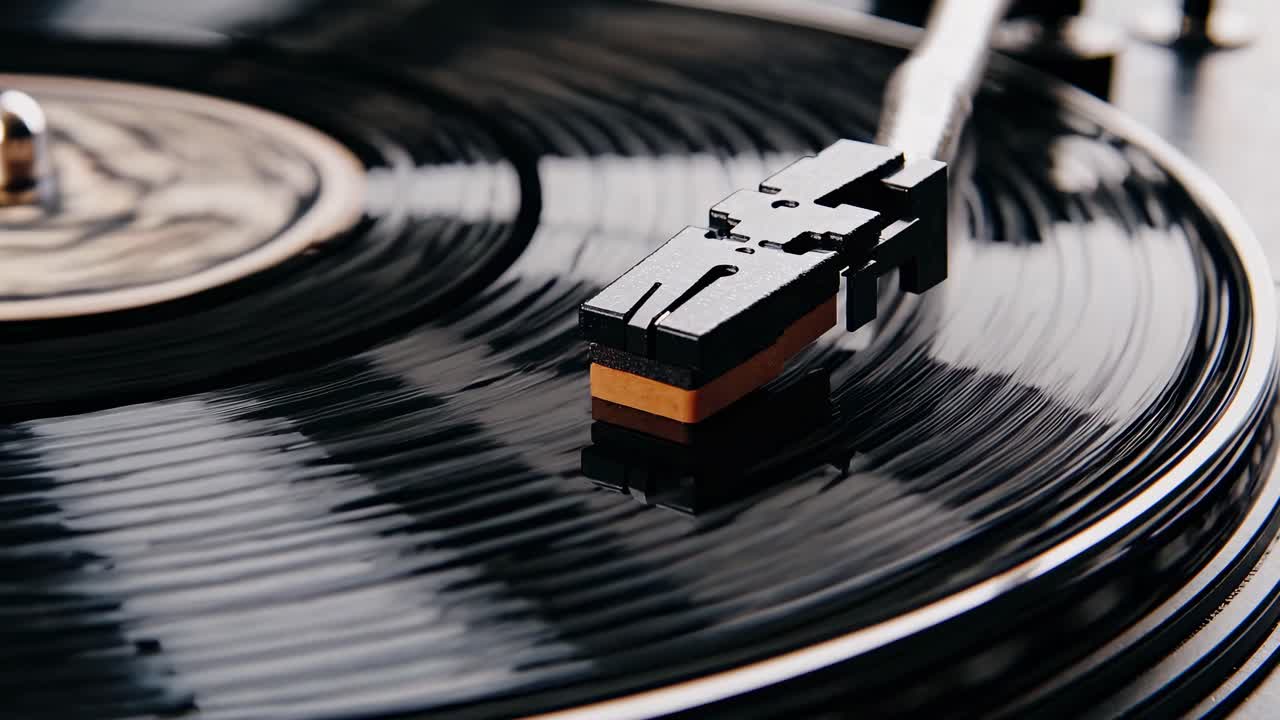 Angolazione ravvicinata di un disco in vinile che gira su un giradischi, con la puntina a fuoco