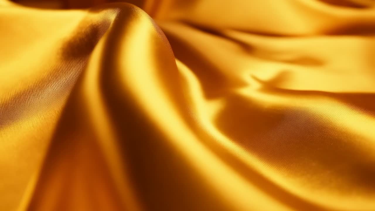Panno di raso dorato che rivela pieghe mutevoli sotto una calda luce direzionale su un tavolo da studio