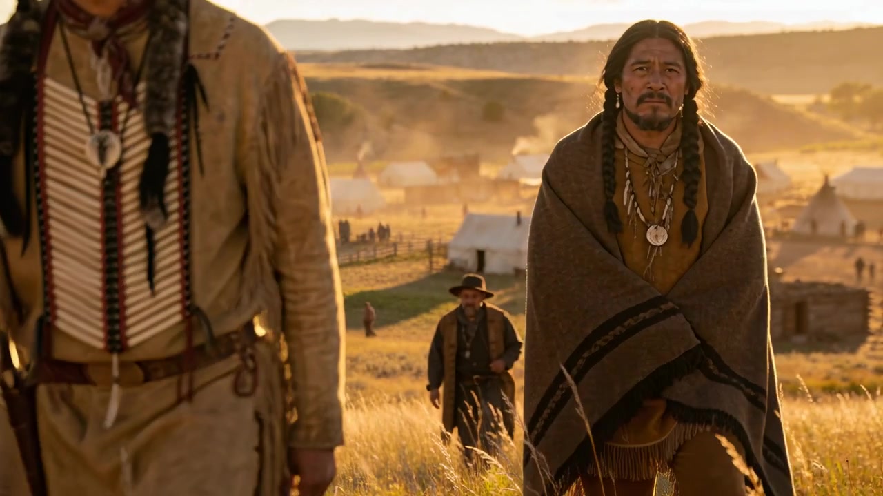 Indian leader with braids and bone breastplate leading party up slope from camp with tipis, smoke