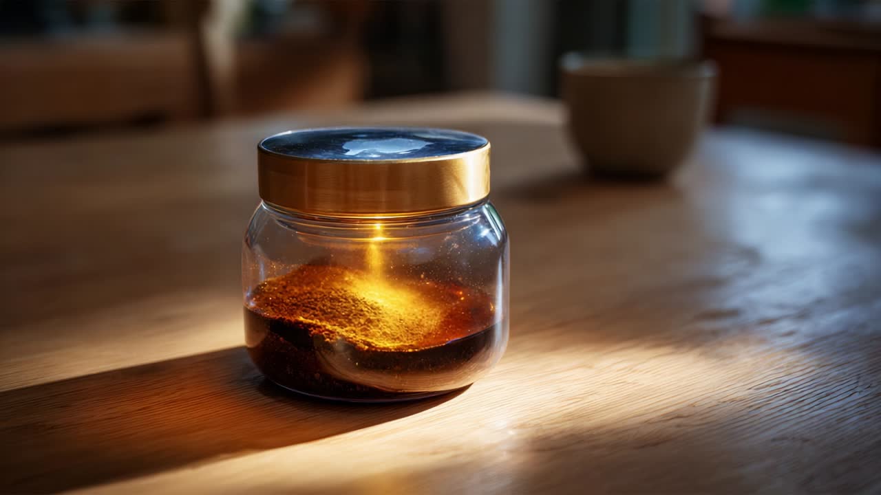 A Captivating Display of Light and Texture: A Jar of Brown Powder Reflecting Warm Sunlight on a Wooden Surface, Illuminating the Unique Qualities of the Material Inside as it Resting in the Moment