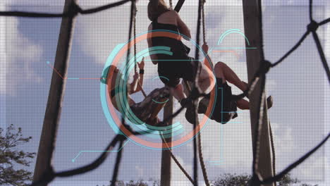 climbing ropes in school gym, people with digital interface animation overlay