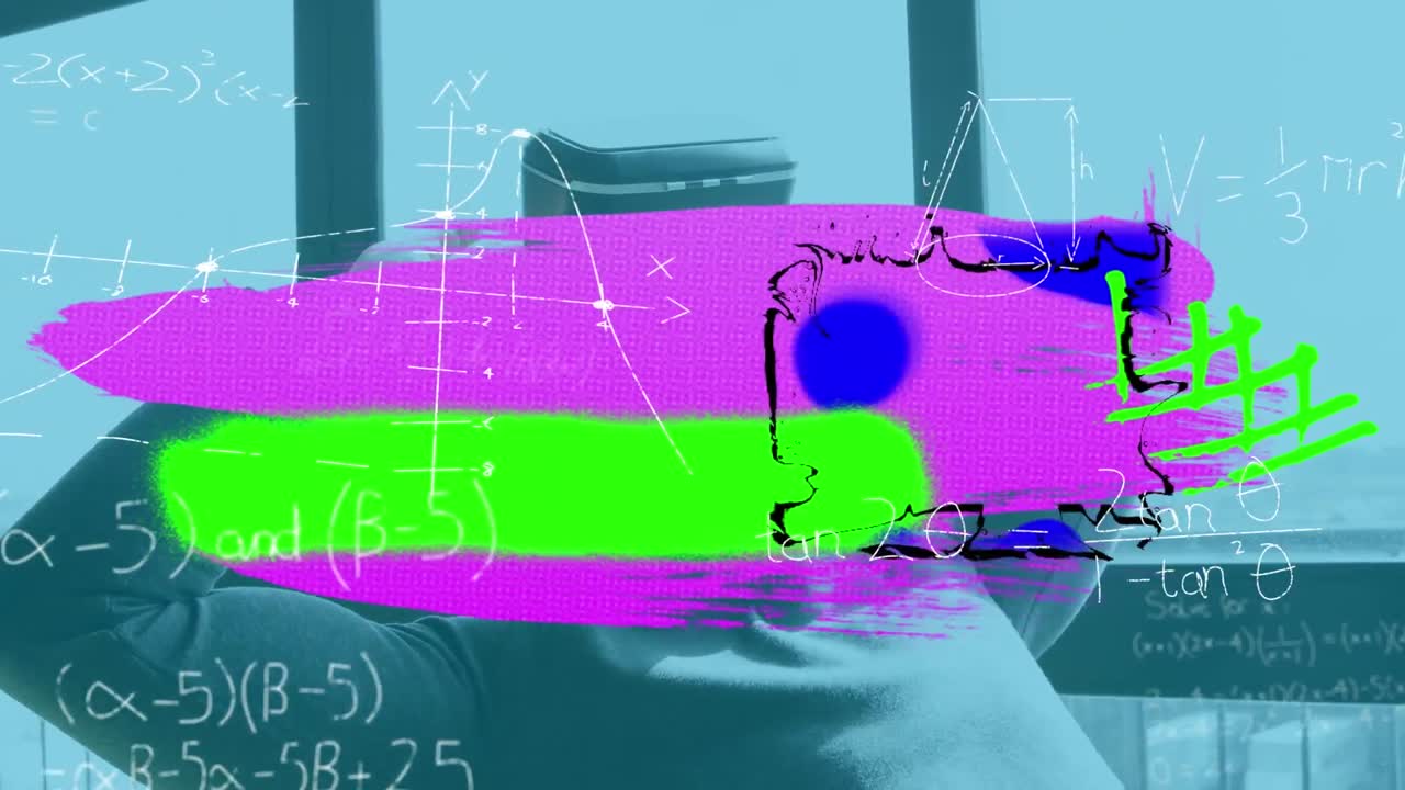 vr 헤드 ⁇ 을 사용하는 사업가 위에 다채로운 얼룩과 모양의 애니메이션