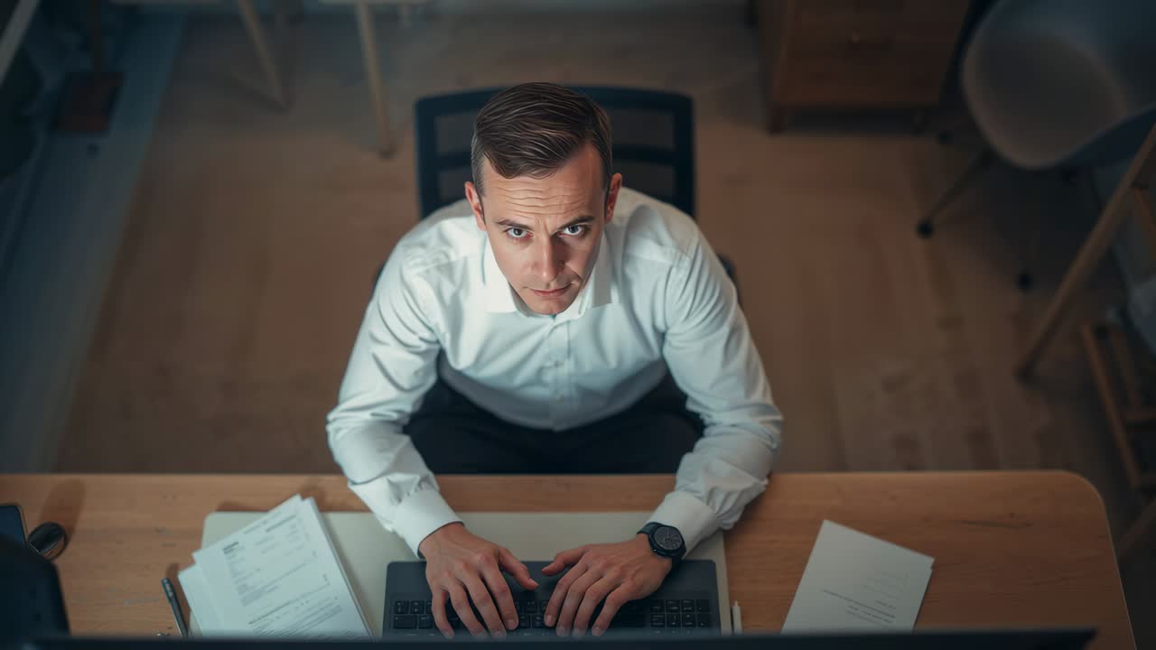 Typing man in white shirt pausing at screen prompt, leaning forward at ...