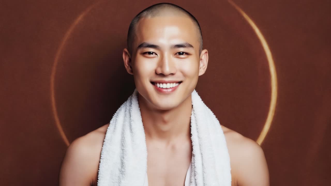 Portrait of a smiling bald man with a towel