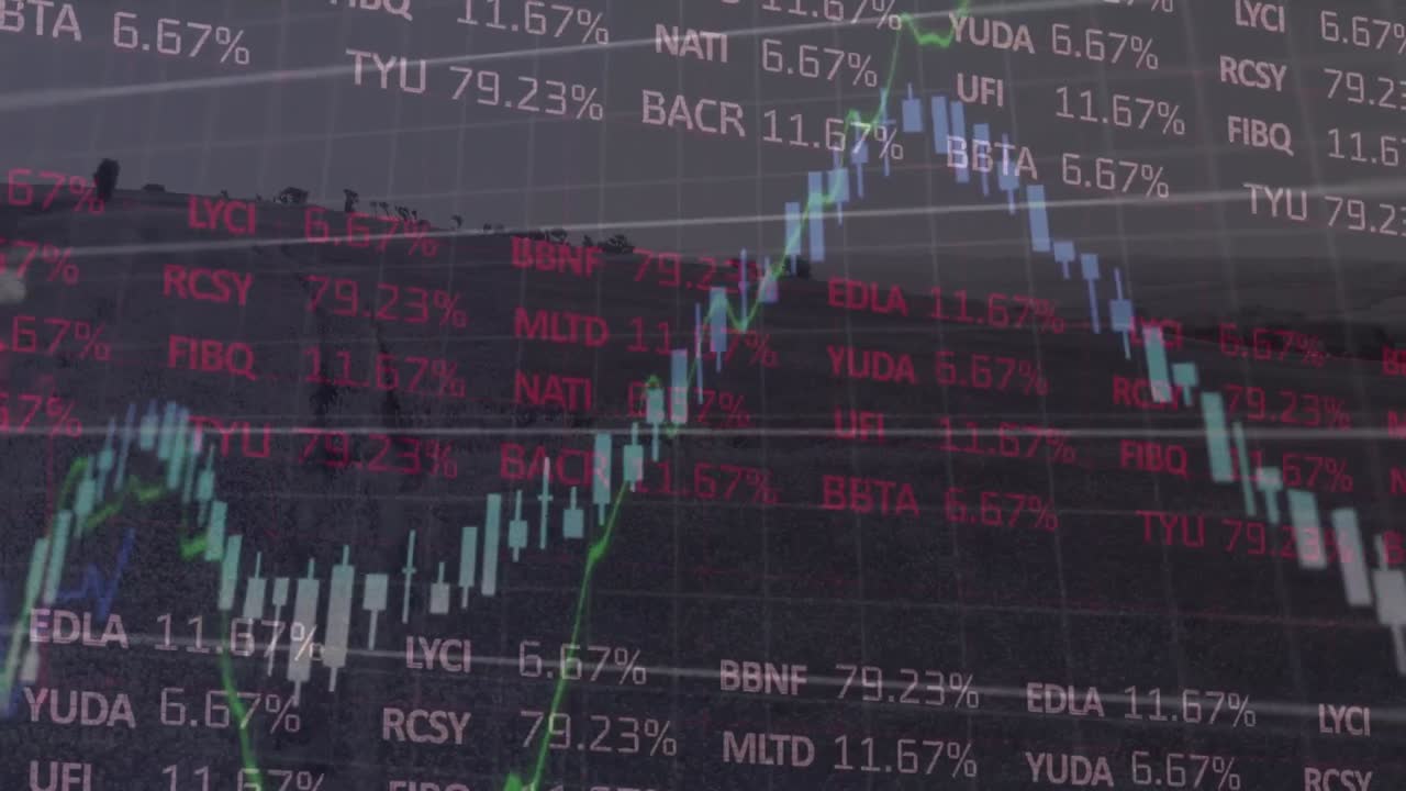 Animation af finansiel og aktiemarkedsdatabehandling mod et luftfoto af græsland.