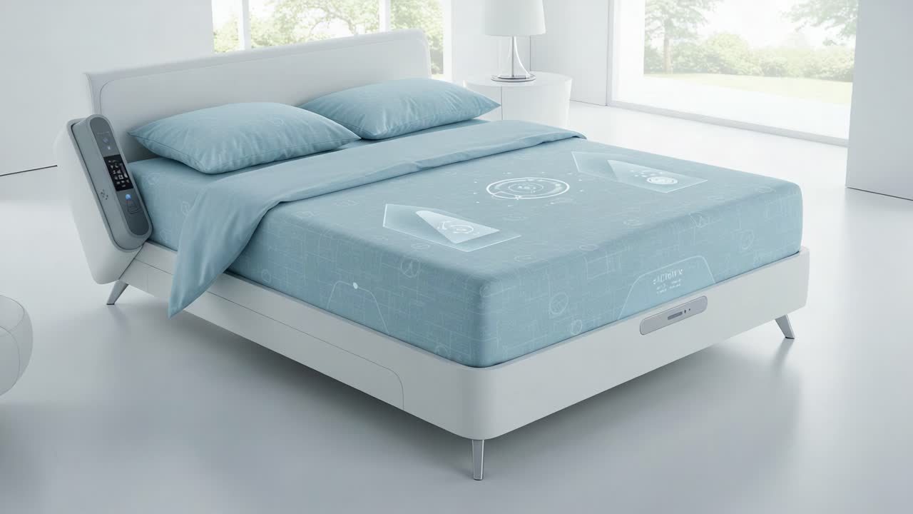 Modern Smart Bed with Innovative Features and Sleek Design, Showcasing a Light Blue Mattress and Comfortable Bedding in a Minimalistic Bedroom Setting