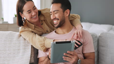 Asian-couple,-love-and-man-with-tablet-on-social