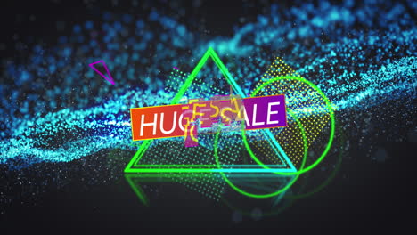 Animation of huge sale, blue glitter and neon shapes on black background