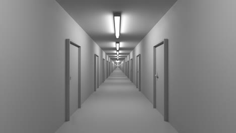 Endless white corridor with doors seamless loop 4K