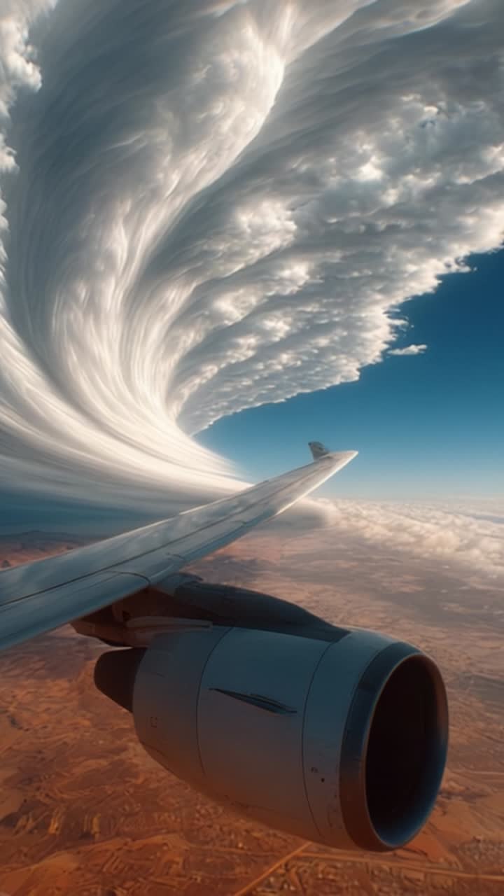 Vista spettacolare di una formazione nuvolosa aerodinamica e dell'ala di un aeromobile sopra il paesaggio, catturata da un aereo durante il volo.