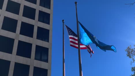 Estados-Unidos-Y-La-Bandera-De-Luisiana-Frente-Al-Edificio-De-Oficinas-En-Cámara-Lenta-24fps