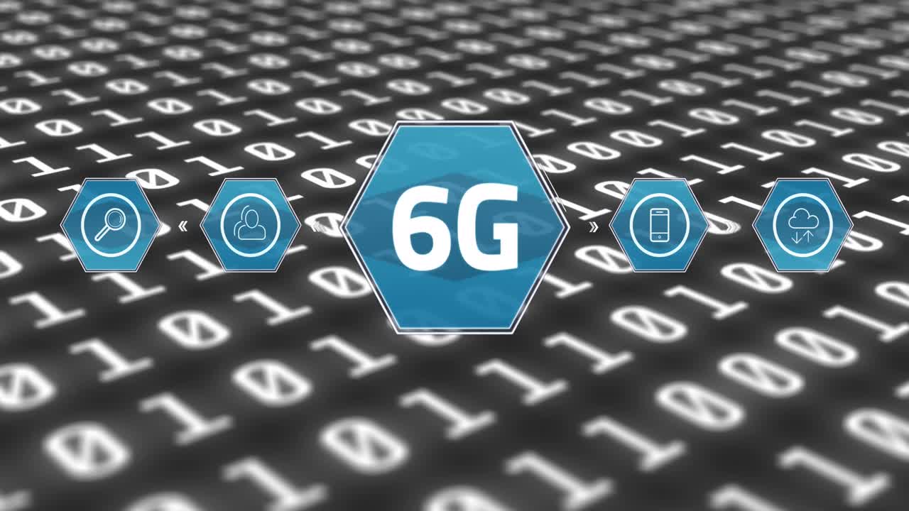 Animation of 6g text over data processing and media icons
