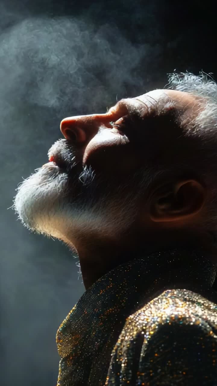 A Contemplative Elder in Sparkling Attire with Ethereal Smoke Above, Capturing a Moment of Serenity and Reflection in Profound Stillness and Light