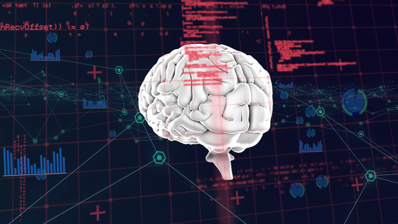 검은색 배경에 연결 네트워크와 함께 데이터 처리를 통해 디지털 뇌의 애니메이션