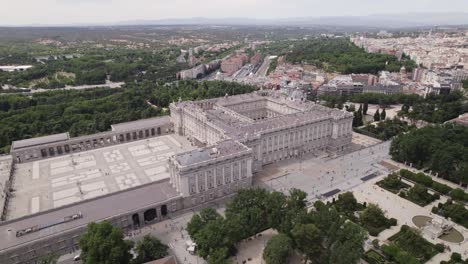 aerial establishing shot of royal palace of madrid, majestic historic complex, spain