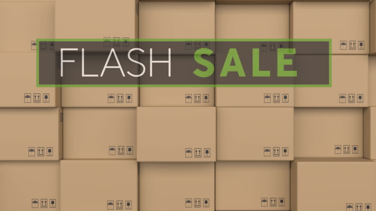 Flash sale text banner against stack of delivery boxes in background