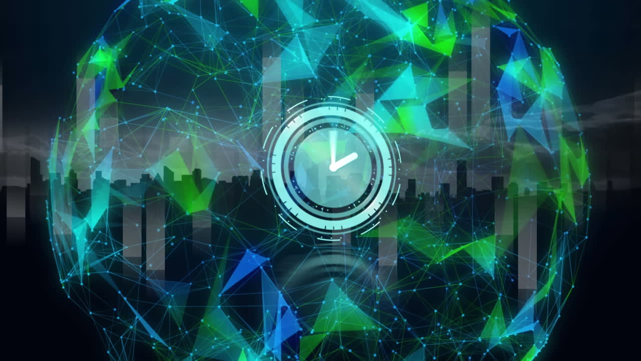 Animation of clock moving over rotating glowing global network of connections, over city at night