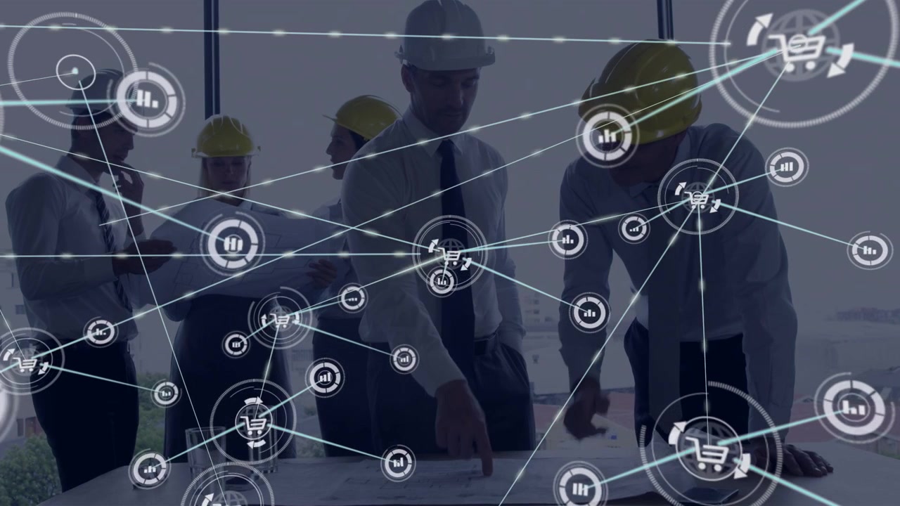 Project team in hard hats pointing at plans and sparking data network while planning construction