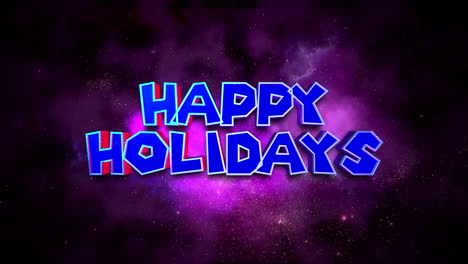 cartoon happy holidays text in galaxy with stars and clouds