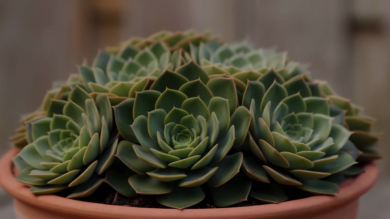 Una vista ravvicinata di foglie succulente rivela motivi a spirale sovrapposti e superfici lisce in una calda luce interna, con i bordi del vaso in terracotta e uno sfondo sfocato che creano una calma composizione botanica