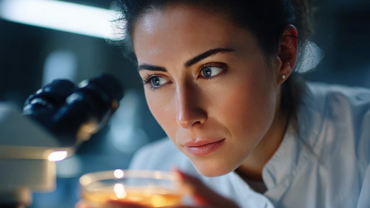 Focused Scientist Observing Samples Under Microscope, Exploring Scientific Research with Intense Concentration and Curiosity in Laboratory Environment