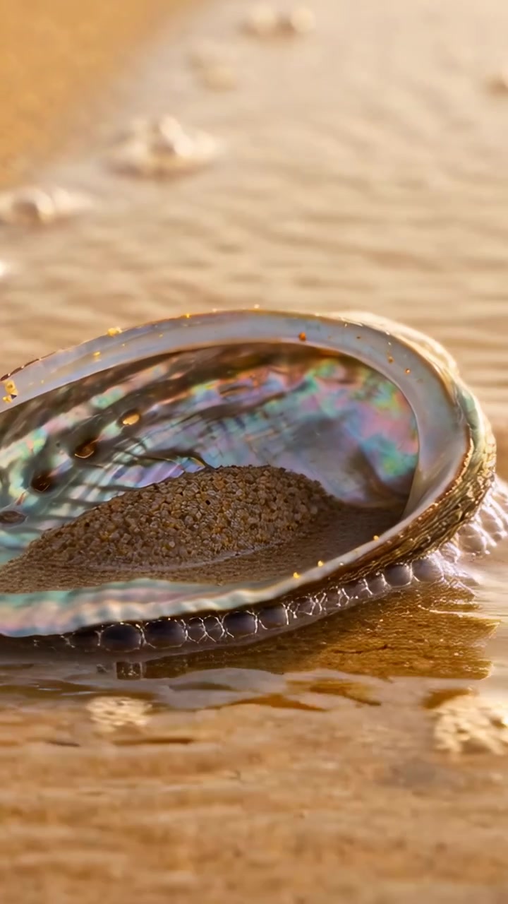 Vertical video: Shallow surf lapping abalone-like shell on wet beach, shifting sand as tide recedes