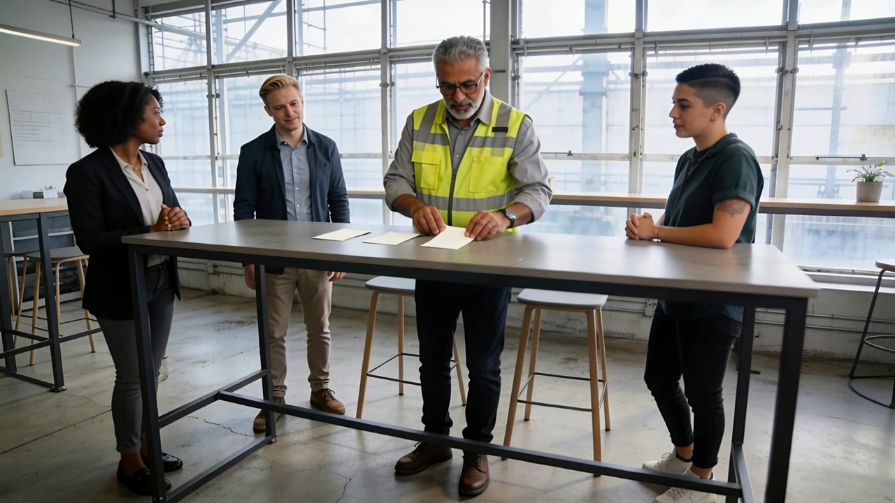 Sorting senior man wearing yellow vest arranging documents after applause for handoff at studio
