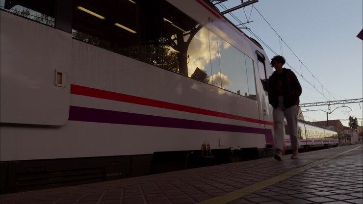 Person Walks Along Train Platform Next to Stationary Train at Dusk