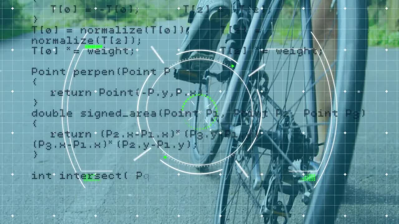 자전거를 타고 있는 백인 여성 자전거 운전자의 다리에 대한 데이터 처리 애니메이션