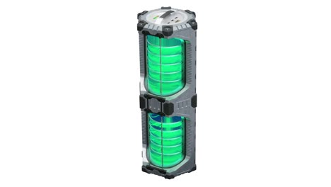 close-up of a scifi hexagonal power tank in infinite loop with a glowing translucent green cylinder