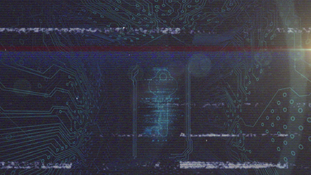 Animation of key icon with circuit board elements on glitch digital interface
