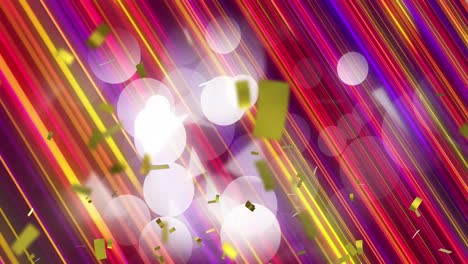 Animation-of-golden-confetti-falling-over-spots-of-light-and-colorful-light-trails