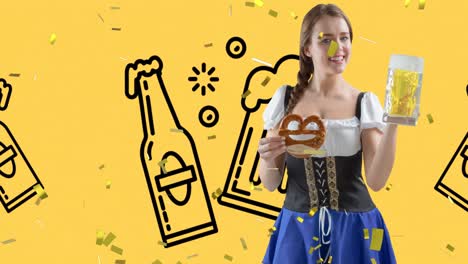 mujer caucásica sosteniendo una jarra de cerveza contra la botella de cerveza y los iconos de la jarra sobre fondo amarillo