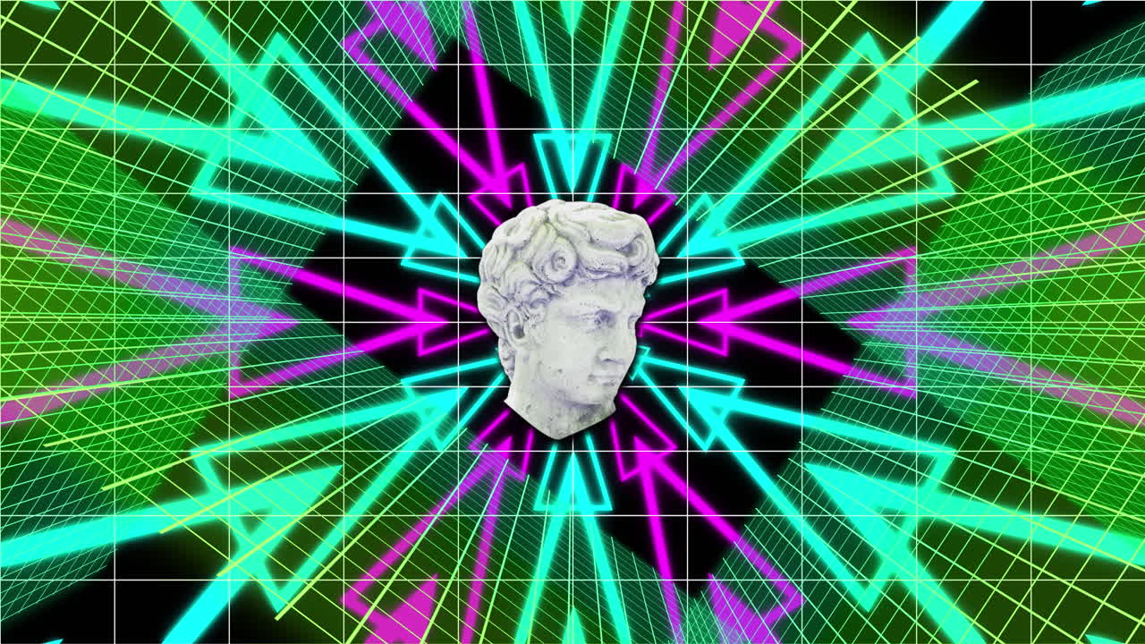 animación de la escultura de la cabeza con interferencia sobre formas coloridas sobre fondo negro.