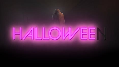 Animation-Von-Halloween-Text-über-Geist-Auf-Schwarzem-Hintergrund