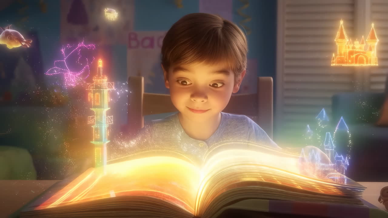 Young Boy Reads an Enchanted Book with Magical Projections