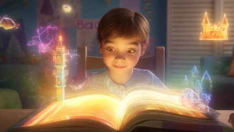 young boy reads an enchanted book with magical projections