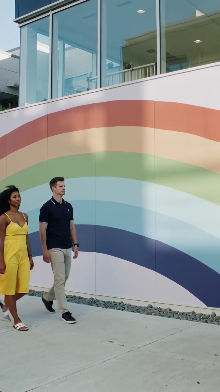 Vertical video: Entering left, man and woman in yellow dress walking past rainbow mural together