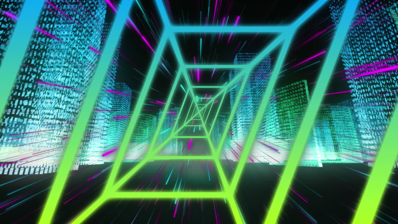 animación de senderos de luz y formas de neón que se mueven sobre la ciudad digital sobre fondo negro