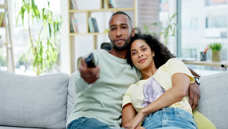 Relax,-sofa-and-couple-watching-tv-in-home