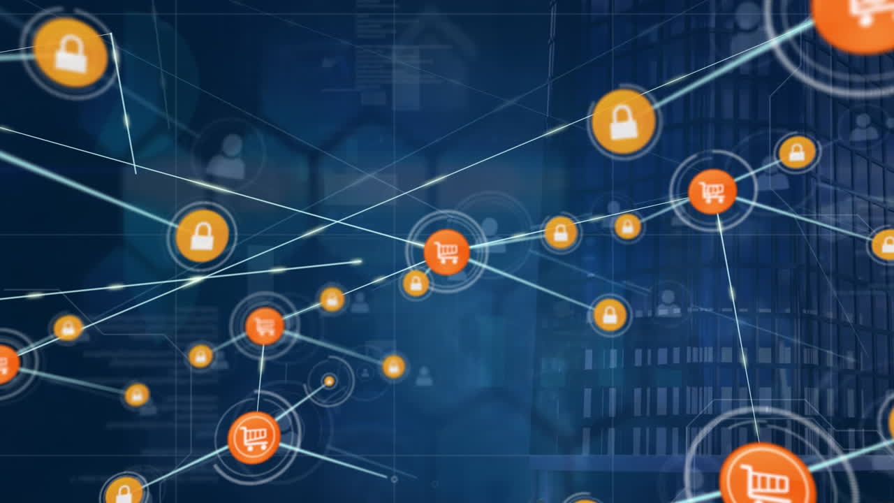 animación de carros de compras multicolores e iconos de candados conectados con líneas sobre un rascacielos