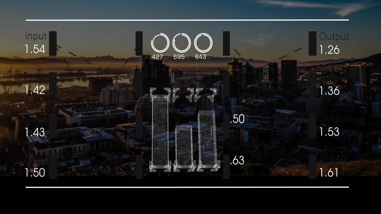 Paesaggio urbano con animazione in sovrapposizione di elaborazione dati che mostra valori di input e output.