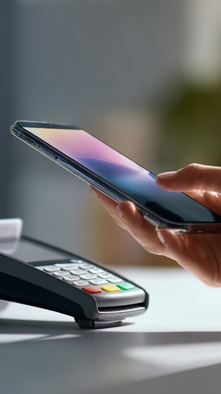 Tecnologia di pagamento mobile: una mano che tiene uno smartphone vicino al terminale di pagamento digitale per transazioni senza contanti in un moderno ambiente di vendita al dettaglio