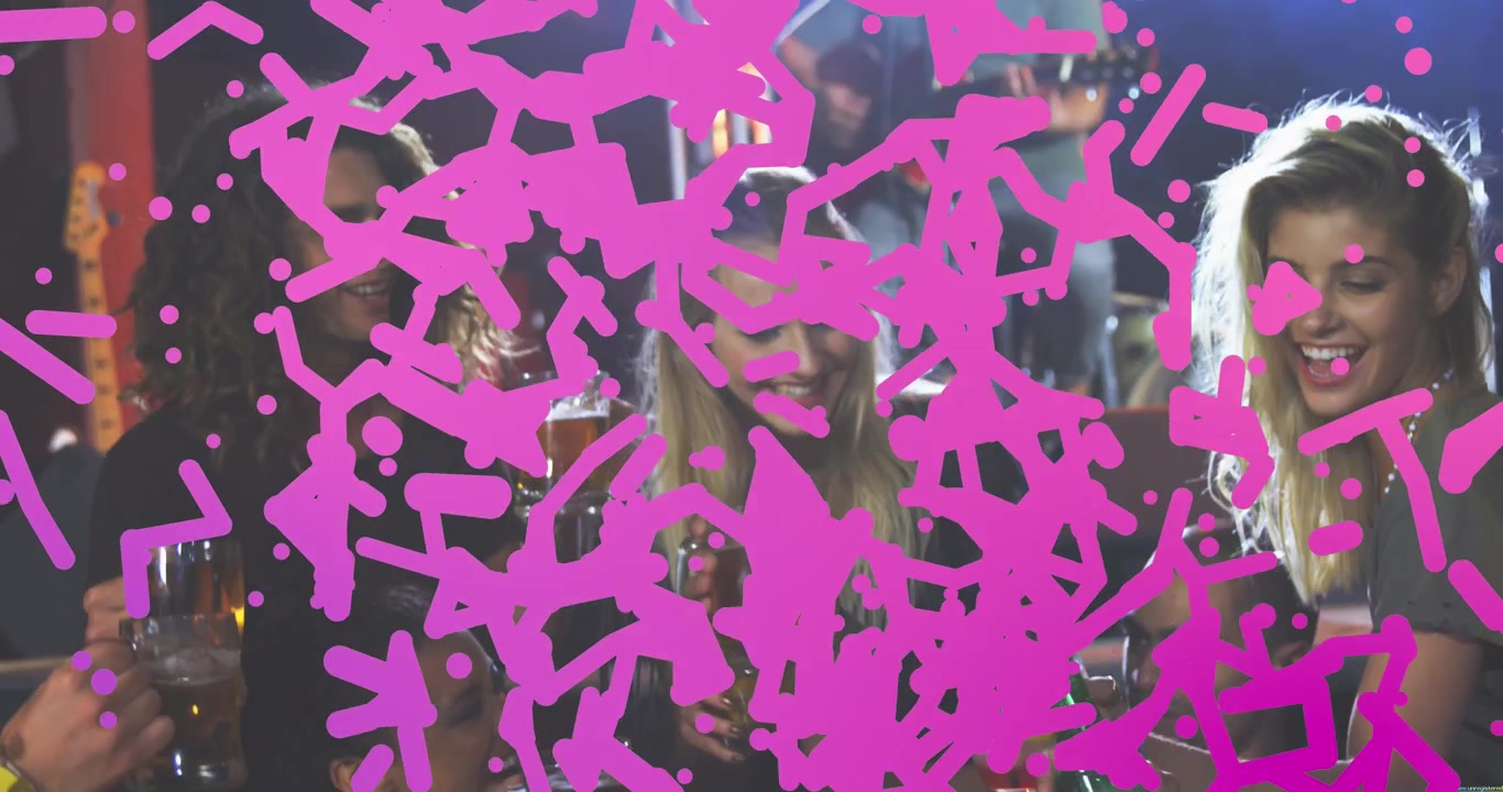 Animation of shapes over diverse friends at bar