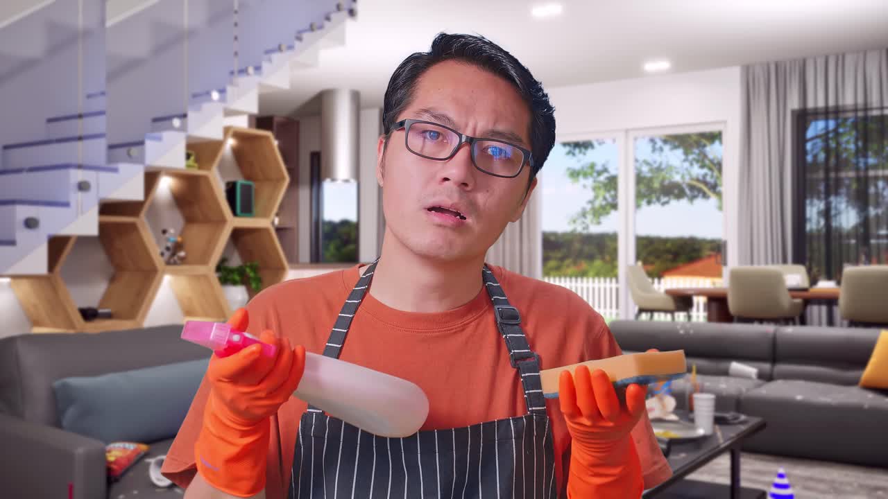 Close Up Of Puzzled Asian Male Housekeeper With An Apron Showing A Spray And Kitchen Sponge While Standing In House