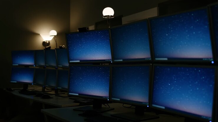 Rijen computermonitoren met sterrenachtergronden in een donkere techruimte