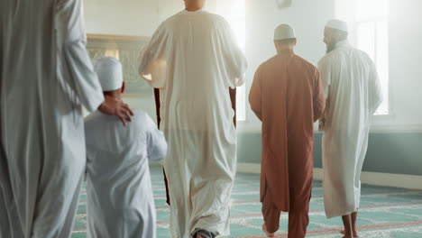 Islam,-worship-and-men-in-mosque-for-prayer